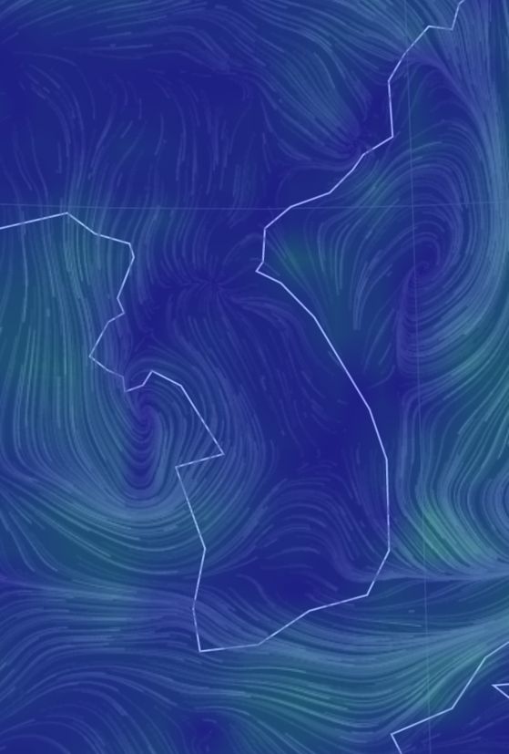 16일 오전 한반도 상공의 대기흐름. 수도권 옆 서해상에 약한 회전성 기류가 보인다. 이 기류가 수도권의 미세먼지를 붙잡고 계속 돌면서 16일 수도권을 중심으로 먼지가 쌓였다. 미세먼지통합예보센터는 이 기류의 영향을 충분히 예측하지 못하고 16일 오전 5시 예보에서 '대기확산이 잘 될 것'으로 예상했다. 자료 기상청