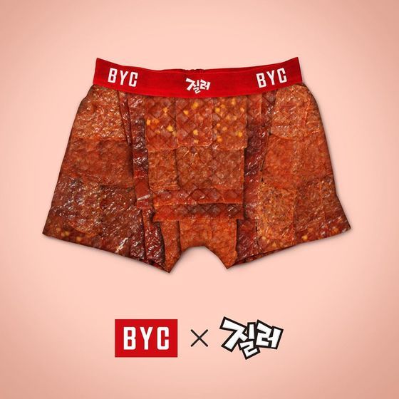만우절 이벤트로 공개된 BYC X 질러 '육포 팬티' 이미지. 만우절에 흥미로운 가상의 제품을 올려서 이슈를 모으는 최근 트렌드를 반영했다. 사진 BYC 공식 인스타그램