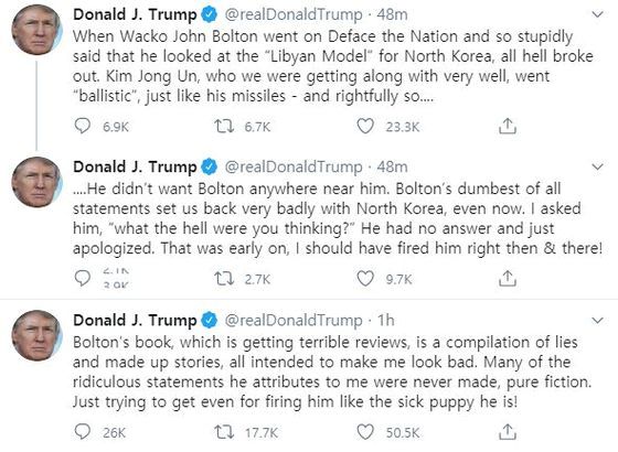 도널드 트럼프 미국 대통령이 트윗으로 존 볼턴 전 보좌관을 비난했다. 트위터 캡처