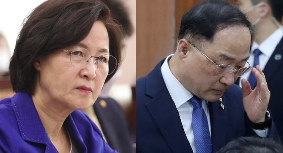 추미애 법무부 장관이 18일 국회 법제사법위원회 전체회의에서 의원들 질의를 듣고 있다. [임현동 기자] 오른쪽은 17일 국회 기재위원회에 굳은 표정으로 참석한 홍남기 부총리 겸 기획재정부 장관. [연합뉴스]