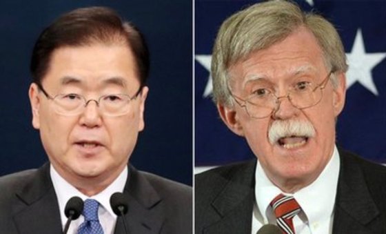 정의용 청와대 국가안보실장과 존 볼턴 전 백악관 보좌관. [연합뉴스]