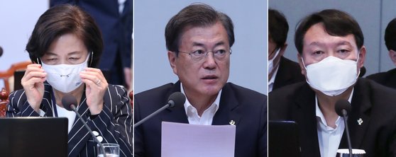 문재인 대통령이 지난 22일 오후 청와대에서 열린 제6차 공정사회 반부패정책협의회에서 발언하고 있다. 추미애 법무부 장관(왼쪽)과 윤석열 검찰총장(오른쪽)이 문 대통령 발언을 듣고 있다. 연합뉴스