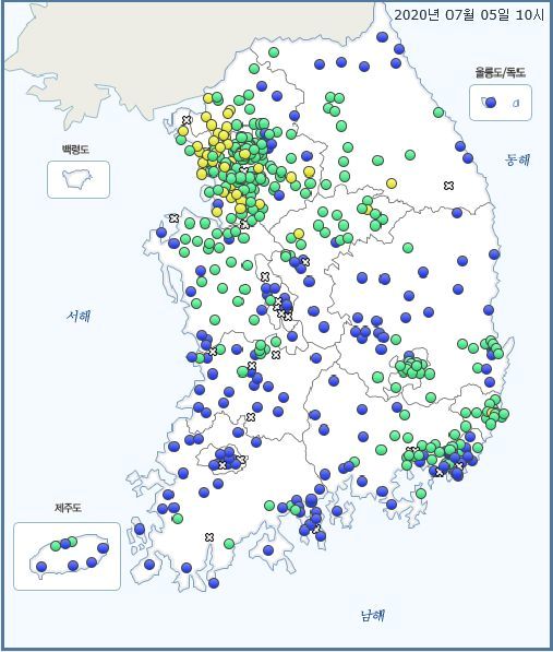 5일 오전 10시 기준 전국 초미세먼지(PM2.5) 농도. 자료 국립환경과학원