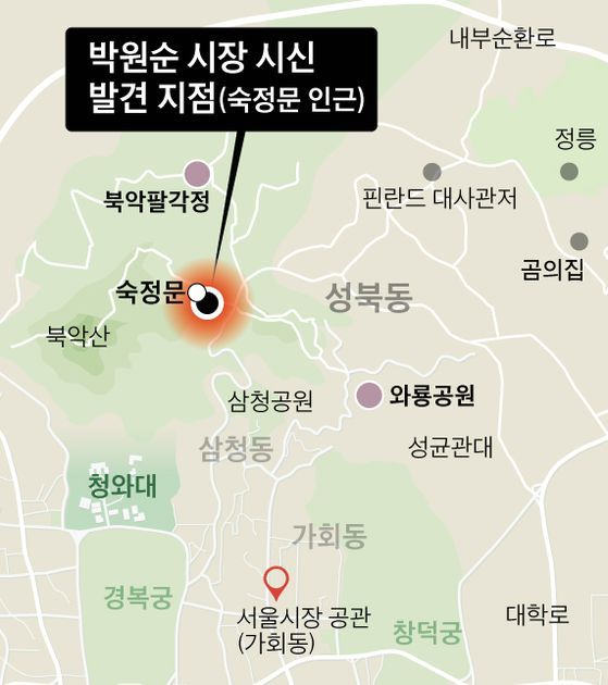 박원순시장 시신 발견 지점. 그래픽=김주원 기자 zoom@joongang.co.kr