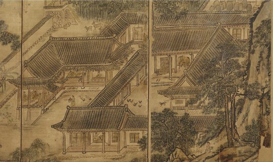 단원(檀園) 김홍도(1745~?)가 1801년에 그린 8폭 병풍 그림 '삼공불환도'(三公不換圖). 사진은 삼공불환도 중 가옥 풍경 부분. [연합뉴스]