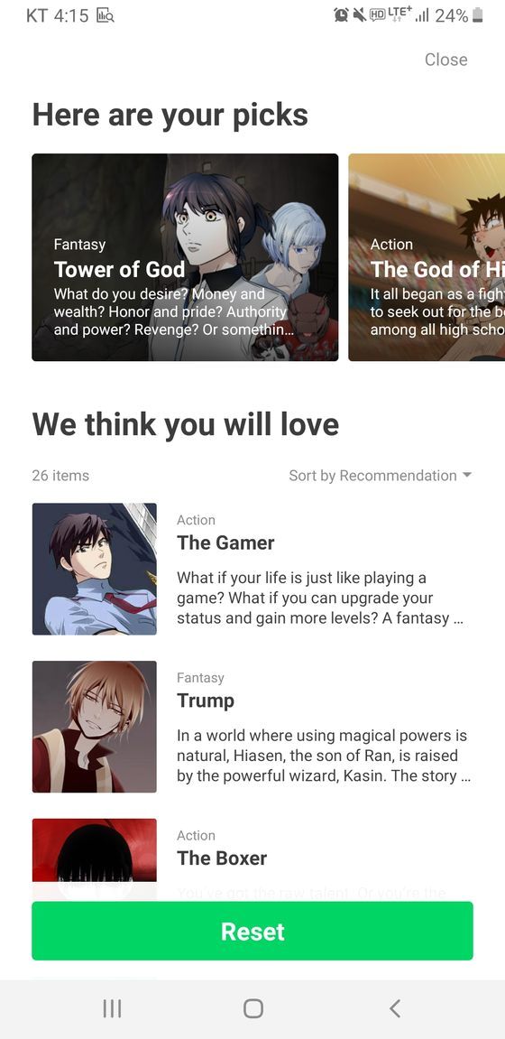 라인웹툰에 적용된 '당신을 위한 추천' 기능. 네이버웹툰 측은 "두 가지 추천 기능 덕분에 북미 지역에서 라인웹툰은 1인당 소비량이 30%, 재방문률은 10% 증가할 수 있었다"고 설명했다. [라인웹툰]