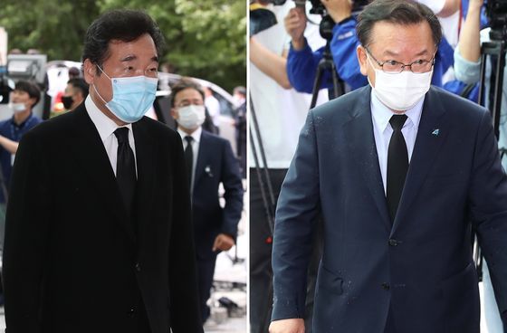 당권 도전을 선언한 더불어민주당 이낙연 의원(왼쪽)과 김부겸 전 의원이 지난 10일 박원순 서울시장의 빈소가 마련된 서울대병원 장례식장을 찾았다. [연합뉴스]