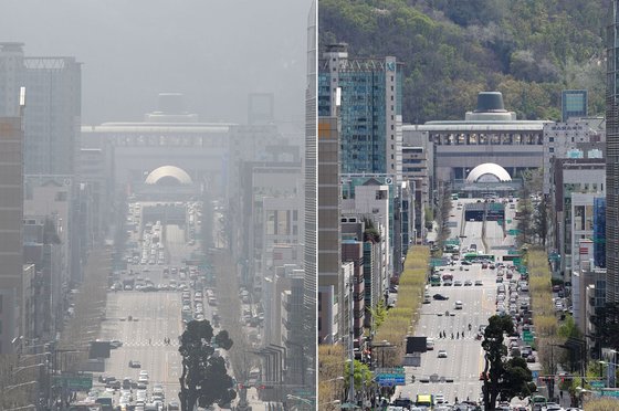 지난해 4월 5일 서울 서초구 누에다리에서 바라본 예술의 전당(왼쪽)과 서울에 초미세먼지 농도가 '좋음' 수준을 기록한 올해 4월 21일 오후 서울 서초구 누에다리에서 바라본 예술의 전당의 모습. 뉴시스