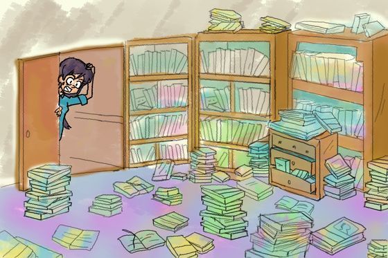 벽면을 가득 채운 과거의 서재. 얼마전 만난 옛 동료들은 책장 속 책이 먼지 속에 박혀있는 모습이 꼭 과거에 파묻혀있는 자신의 모습같아서 옛날 서적들을 다 정리했다고 한다. [일러스트 강경남]