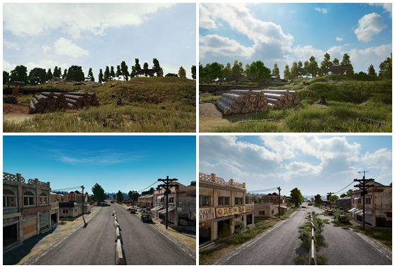 에란겔의 경우 기존(좌측)에 비해 한층 사실적이고 좀 더 밝은 분위기로 바뀌었다.