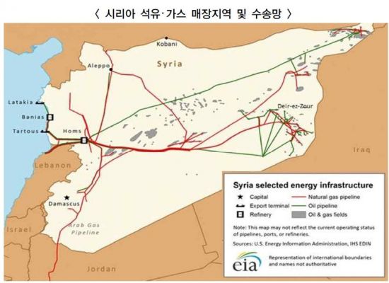 시리아의 주요 유전, 송유관 및 가스관이 표시된 지도. 석유생산이 많은 주요 유전지대는 동북부와 동남부에 밀집돼있으며, 대부분 현재 쿠르드 민병대가 점령하고 있다.(자료=에너지경제연구원, 미국에너지관리청)