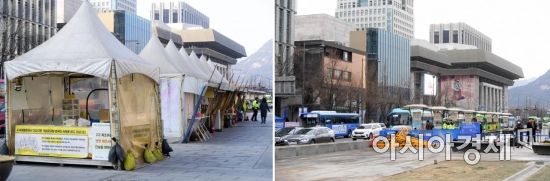 세월호 참사 진상규명 및 책임자 처벌을 촉구하며 범국민 서명을 받던 진실마중대의 모습과 텅 빈 광장의 모습. /문호남 기자 munonam@