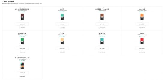 미국 내에서 판매되고 있는 쥴 팟 9종 (출처: 쥴 공식 홈페이지)