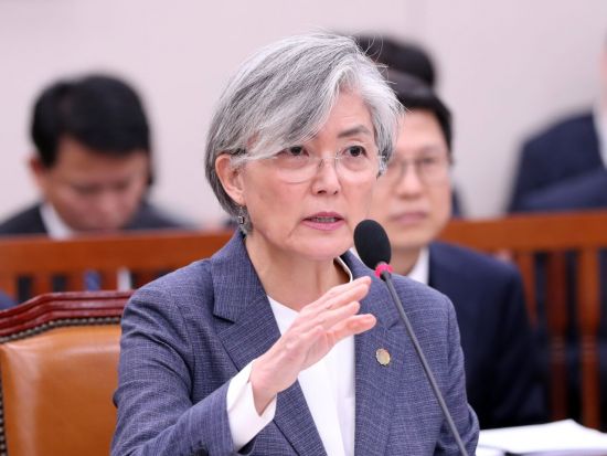 강경화 외교부 장관이 21일 국회 외교통일위원회 전체회의에서 지소미아와 관련한 질의에 답변하고 있다.