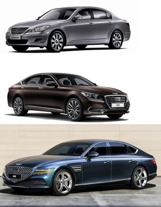 세대별 제네시스 G80 변천사. 위에서부터 ▲2008년 출시된 1세대 G80 ▲2013년 출시 2세대 G80 ▲2020년 출시 3세대 G80/사진=제네시스
