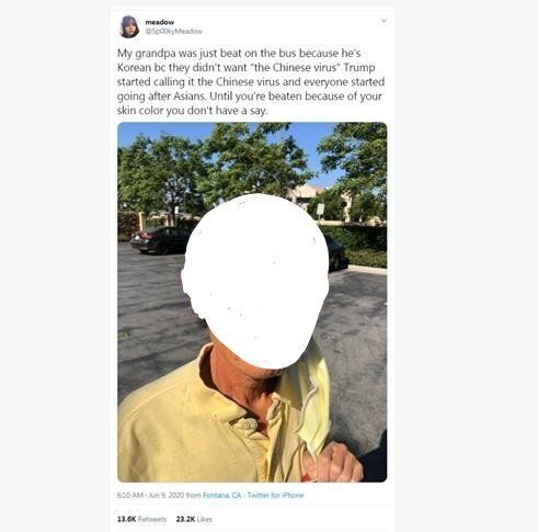지난 8일(현지시간) 미국 로스앤젤레스주 인근 리알토 지역 한 버스 정류장에서는 한인 노인이 흑인에게 폭행을 당하는 사건이 벌어졌다. 해당 노인 손녀 주장에 따르면 용의자는 '차이나 바이러스'를 원치 않는다며 노인을 폭행한 것으로 전해졌다. / 사진=트위터 캡처