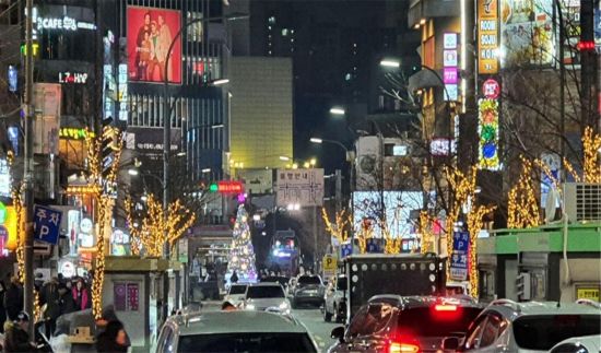 LED 램프로 장식된 겨울나무와 대형 크리스마스트리가 신촌 명물거리를 밝히고 있다.