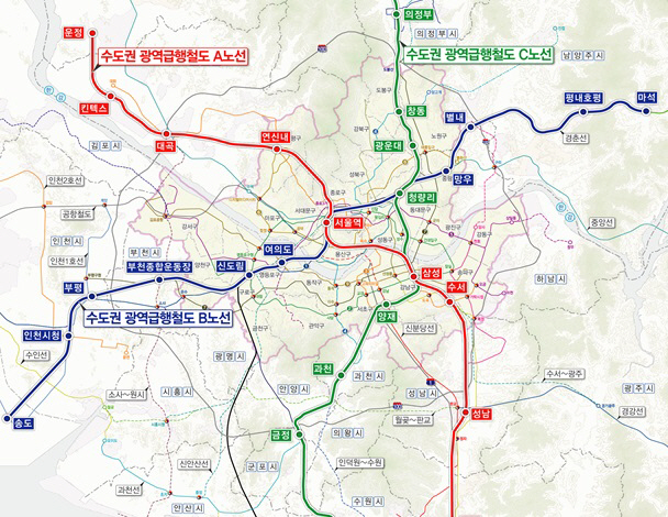 수도권광역급행철도(GTX) 노선도. GTX-B노선은 파란색으로 표시. (사진 = 인천시 제공