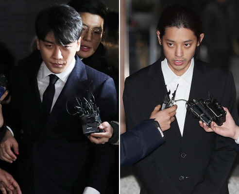 성접대 의혹을 받고 있는 빅뱅 멤버 승리(왼쪽 사진)와 성관계 동영상 불법 촬영·유포 혐의를 받는 가수 정준영이 15일 오전 서울 종로구 서울지방경찰청에서 조사를 마친 뒤 청사를 나서고 있다. (사진=연합뉴스)