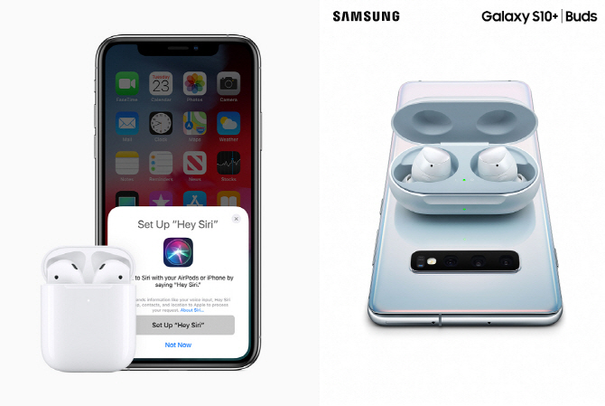 왼쪽부터 애플 아이폰과 에어팟 2세대, 삼성 갤럭시S10+와 갤럭시버즈. 사진 각 사 제공