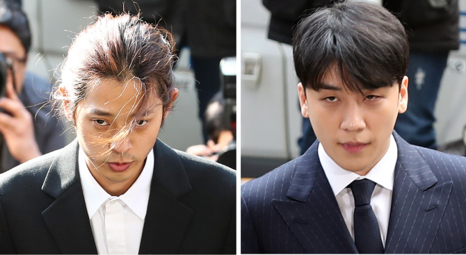 성관계 동영상 불법 촬영·유포 논란을 빚은 가수 정준영이 피의자 신분으로 조사를 받기 위해 14일 오전 서울지방경찰청으로 출석했다. 오른쪽 사진은 이날 오후 성 접대 의혹이 불거진 빅뱅 멤버 승리(본명 이승현)가 피의자 신분으로 조사를 받기 위해 서울지방경찰청으로 출석하고 있는 모습(사진=연합뉴스)