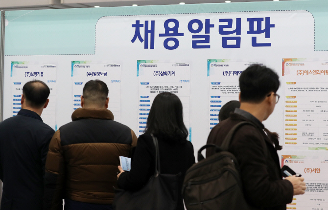 구직자들이 채용알림판을 확인하고 있다. 연합뉴스 제공