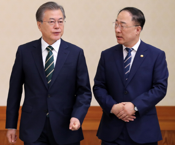 문재인 대통령이 14일 청와대 본관에서 열린 국무회의에 홍남기 경제부총리 겸 기획재정부 장관과 함께 참석하고 있다. 문 대통령은 국무회의에서 “세계 경제의 불확실성이 커지고 있다”며 “정부는 대외 리스크 관리에 더욱 만전을 기하고 우리 경제의 활력을 높이기 위한 노력에 더 속도를 내어주기 바란다”고 말했다.[뉴시스 제공]