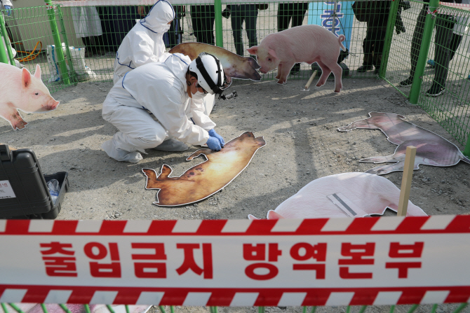 농림축산식품부 방역 관계자가 지난 4월30일 오후 세종특별자치시 세종호수공원에서 아프리카돼지열병 국내 발생 상황을 가정한 방역훈련을 하는 모습. 농식품부 제공