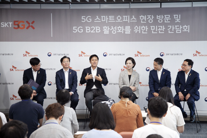 ▲김상조 공정거래위원장, 성윤모 산업통상자원부 장관, 박정호 SK텔레콤 사장, 유은혜 사회부총리 겸 교육부 장관, 박능후 보건복지부 장관, 유영민 과기정통부 장관이 ‘5G B2B 활성화를 위한 민관 간담회’의 모두 발언을 하고 있다. SK텔레콤 제공