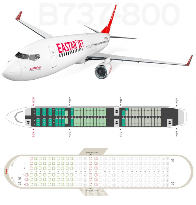 이스타항공 비행기(위)와 에어서울 좌석 배치도(가운데), 티웨이항공 좌석 배치도(아래) (사진=각 사 홈페이지)