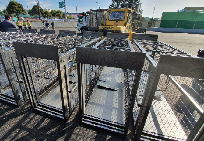 강원 화천군 화천읍 배수펌프장 주차장에서 야생 멧돼지를 잡는 포획틀을 옮기고 있다. 연합뉴스 제공