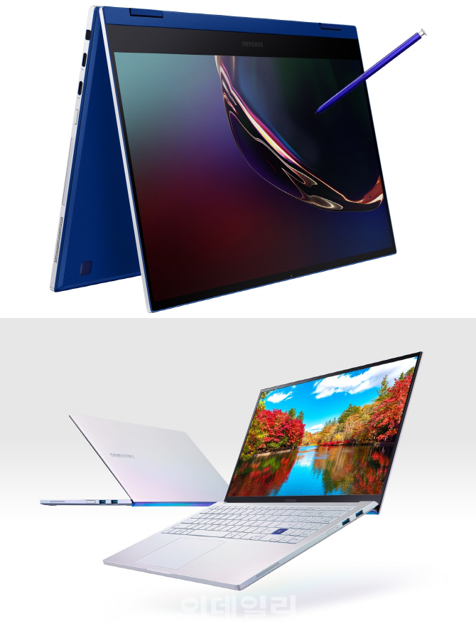 삼성전자가 SDC19에서 공개한 삼성 갤럭시 북 플렉스(위)와 갤럭시 이온(아래). 두 제품은 노트북 성능 극대화와 배터리 효율화를 동시에 꾀하는 인텔의 ‘아테나 프로젝트’가 적용됐다.