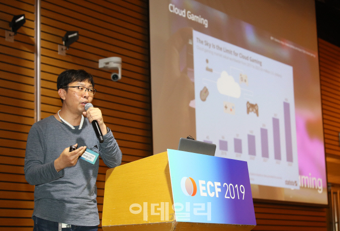 박기은 네이버비즈니스플랫폼(NBP) CTO가 21일 서울 여의도 전경련플라자에서 열린 이데일리 IT 컨버전스 포럼에서 ‘5G시대 클라우드’를 주제로 발표하고 있다. (사진=노진환 기자)