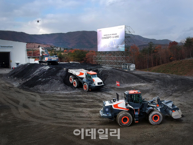 두산인프라코어가 20일 충남 보령성능시험장에서 ‘컨셉트-엑스’  시연회를 진행하고 있다.두산인프라코어 제공