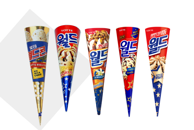 월드콘은 출시 이후 현재까지 13번에 걸쳐 리뉴얼됐다. 왼쪽부터 1986년, 1999년, 2003년, 2015년, 2019년 버전 (사진=롯데제과)