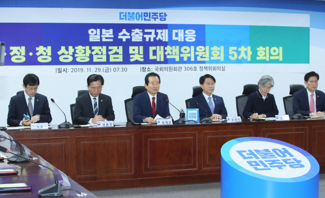 정세균 위원장이 29일 국회 의원회관에서 열린 일본 수출규제 대응 당정청 상황점검 및 대책위원회 5차 회의에서 발언하고 있다. 왼쪽부터 이호승 청와대 경제수석, 더불어민주당 윤관석 의원, 성윤모 산업통상자원부 장관, 정 위원장, 조정식 정책위의장, 강경화 외교부 장관, 노형욱 국무조정실장.(사진=연합뉴스)