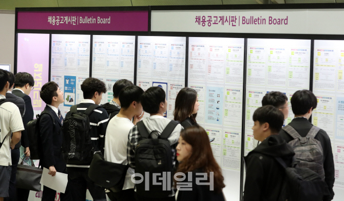 취업박람회장을 찾은 구직자들이 채용공고 게시판을 살펴보고 있다. 이데일리 DB