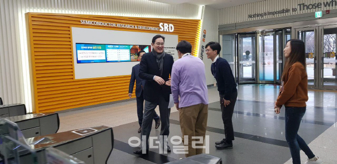 이재용(왼쪽) 삼성전자 부회장이 지난 2일 화성사업장 반도체연구소를 찾아 직원들과 인사를 나누고 있다. (사진=삼성전자)
