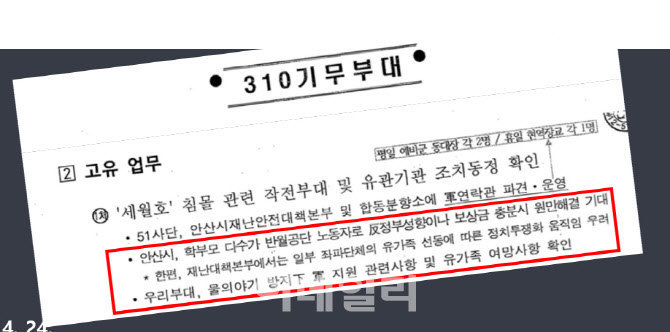 사참위에 따르면 당시 기무사는 안산시 단원고 학부모들의 직업을 거론하며 충분히 보상금을 지급해 원만히 해결하도록 해야 한다는 등의 제안을 했다 (사진=사참위)
