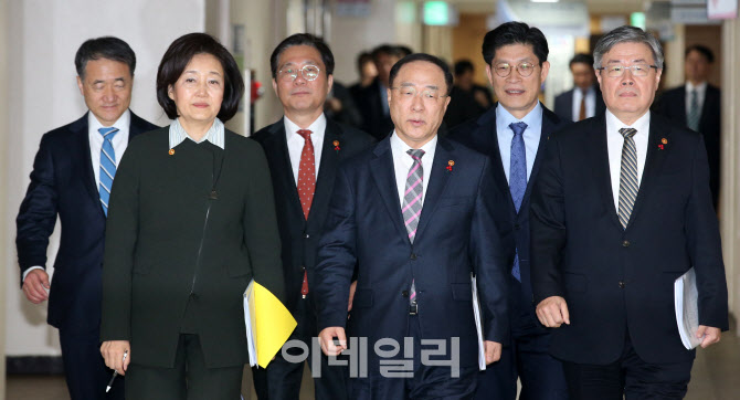 홍남기 경제부총리 겸 기획재정부 장관을 비롯한 국무위원들이 15일 오전 서울 종로구 정부서울청사에서 열린 ‘2019년 고용동향 및 향후 정책방향 관련 합동브리핑’을 하기 위해 입장하고 있다. 사진 왼쪽부터 박능후 보건복지부 장관, 박영선 중소벤처기업부 장관, 성윤모 산업통상자원부 장관, 홍 부총리, 노형욱 국무조정실장, 이재갑 고용노동부 장관. (사진=방인권 기자)