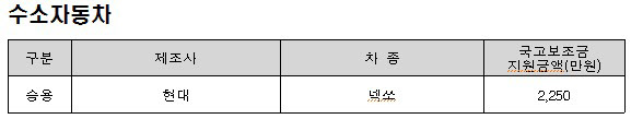 수소차 국고보조금 및 지자체 추가 보조금. 기재부 환경부 제공
