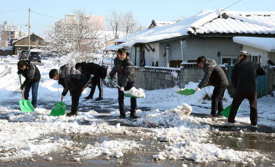폭설이 내린 9일 강원 동해 시내에서 주민과 공무원이 제설 작업을 하고 있다.(동해시 제공)