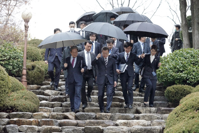 문재인 대통령이 28일 국회 사랑재에서 여야 정당대표와 코로나19 대응 논의 후 이동하고 있다.(사진=연합뉴스)