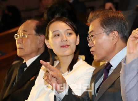 북한 김여정이 2018년 2월 서울 국립중앙극장 해오름극장에서 열린 북한 삼지연 관현악단 공연에 참석해 옆에 앉은 문재인 대통령의 설명을 듣고 있는 모습(사진=연합뉴스).