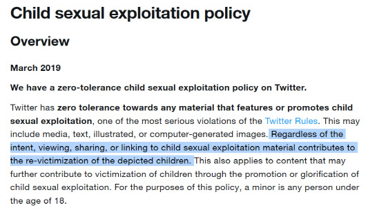 트위터의 운영원칙. 트위터는 “아동에 대한 성착취 게시글에 무관용 원칙을 적용한다”고 명시한다. (사진=트위터)