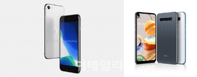 애플이 이달 출시 예정인 보급형 아이폰 신모델 랜더링 이미지(왼쪽)와 LG전자가 2분기 유럽과 중남미 시장에 출시할 K시리즈 3종(오른쪽).