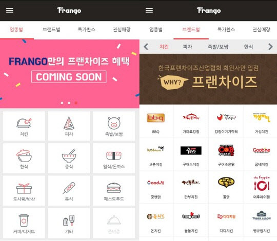 한국프랜차이즈산업협회가 만들었던 배달 애플리케이션 ‘프랜고’ 베타버전. (사진=이데일리DB)