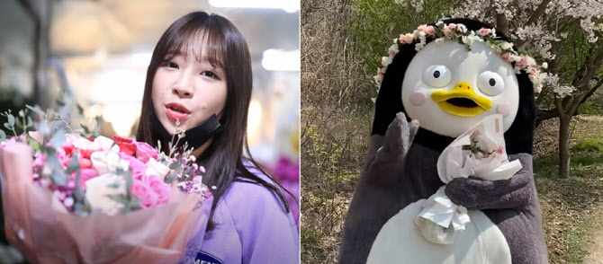 부케 챈린지에 참여한 쯔양(왼쪽)과 펭수. 유튜브 및 인스타그램 화면 갈무리