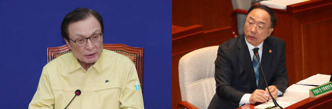 이해찬 더불어민주당 대표와 홍남기 경제부총리 겸 기획재정부 장관 모습. 연합뉴스 제공