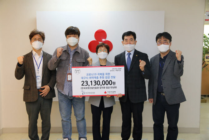 문전일 한국로봇산업진흥원 원장(오른쪽 2번째)을 비롯한 관계자가 22일 임직원이 스스로 반납해 모은 성금 2313만원을 사랑의 열매 사회복지공동모금회 대구지회에 전달한 후 기념촬영하고 있다. 진흥원 제공